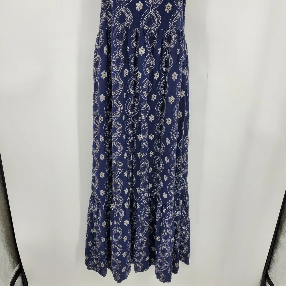 Abercrombie & Fitch Navy Blue Printed Tiered T-Back Maxi Dress Med Boho Cottage